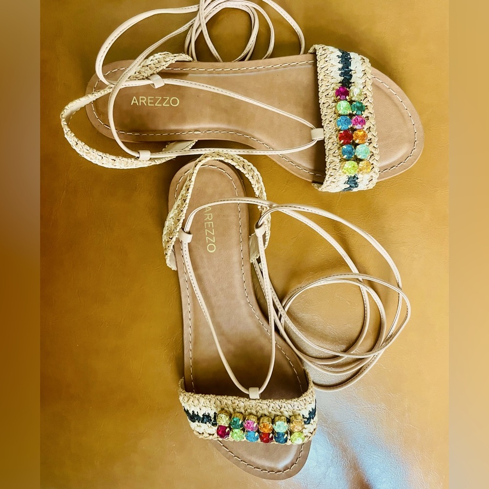 Arezzo lace up flat sandals. Crochet and rhinestone